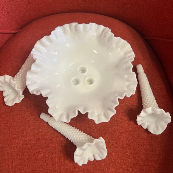 Vintage Fenton Hobnail Milk Glass Epergne: 1950s Ruffled Trumpet Vase - Picture 8 of 11